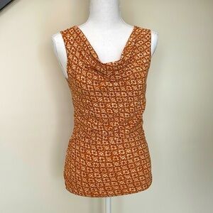 Karen Kane Ruched Orange & Beige Top With Cowl Neckline. Small